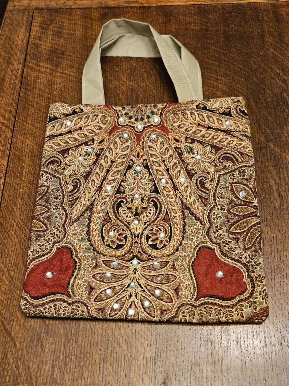 Tapestry and Rhinestone Small Tote Bag. 12" x 11.5" NEW